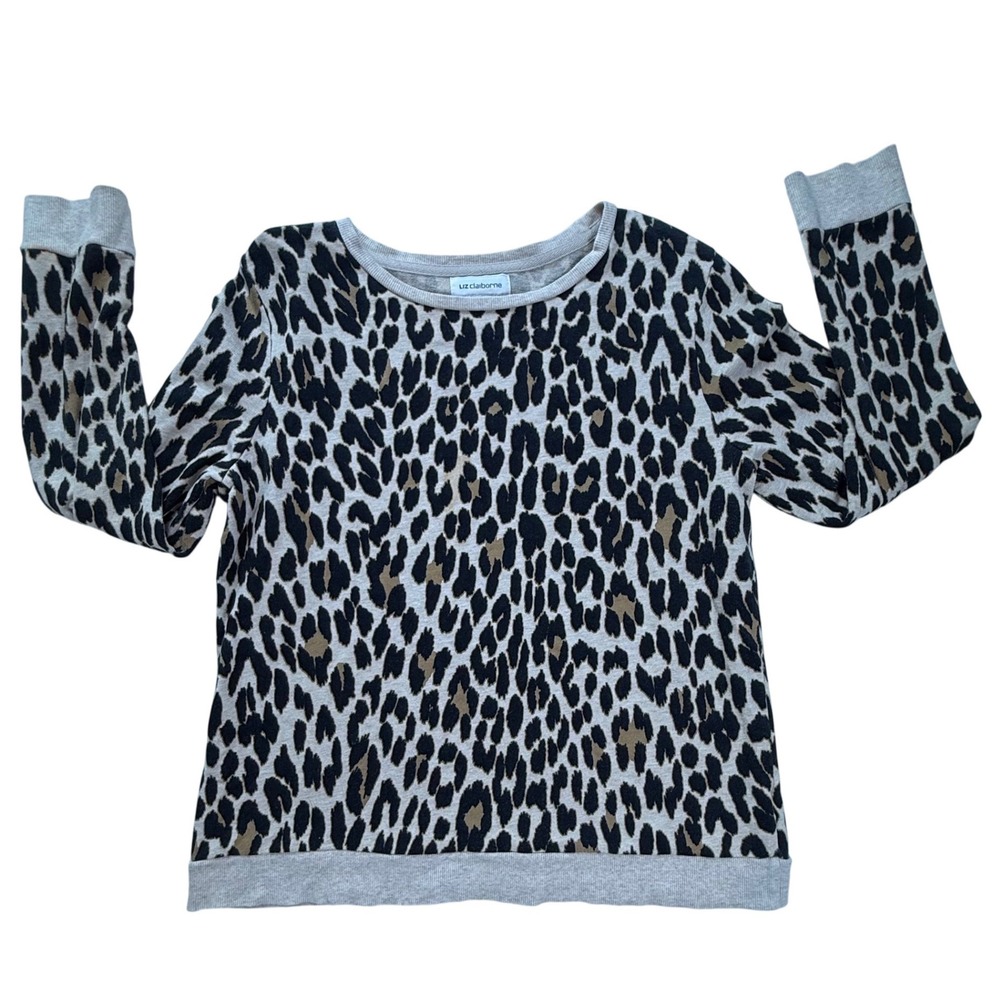 Liz Claiborne Womens Leopard Print Cotton Sweatshirt Grey Tan Black Size‎ L